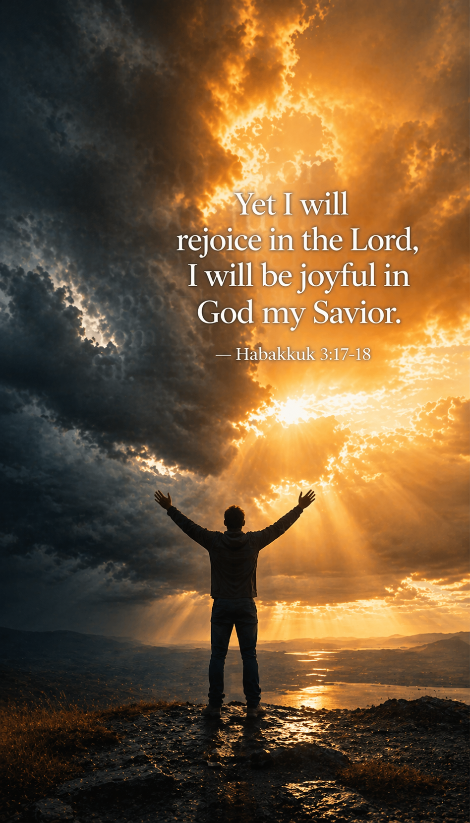Person standing arms raised toward stormy sky breaking open into brilliant golden light above dramatic contrast -- Habakkuk 3:17-18 vertical wallpaper